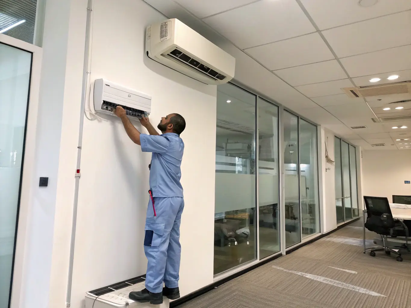 A professional HVAC technician installing a new air conditioning unit in a modern office setting, showcasing the precision and expertise involved in AC installation.