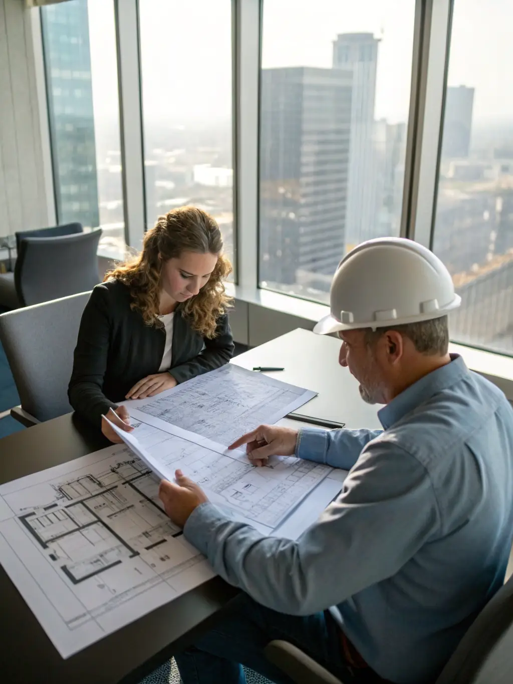 An architect and technician reviewing custom HVAC plans in a well-lit office, emphasizing collaboration and expertise.