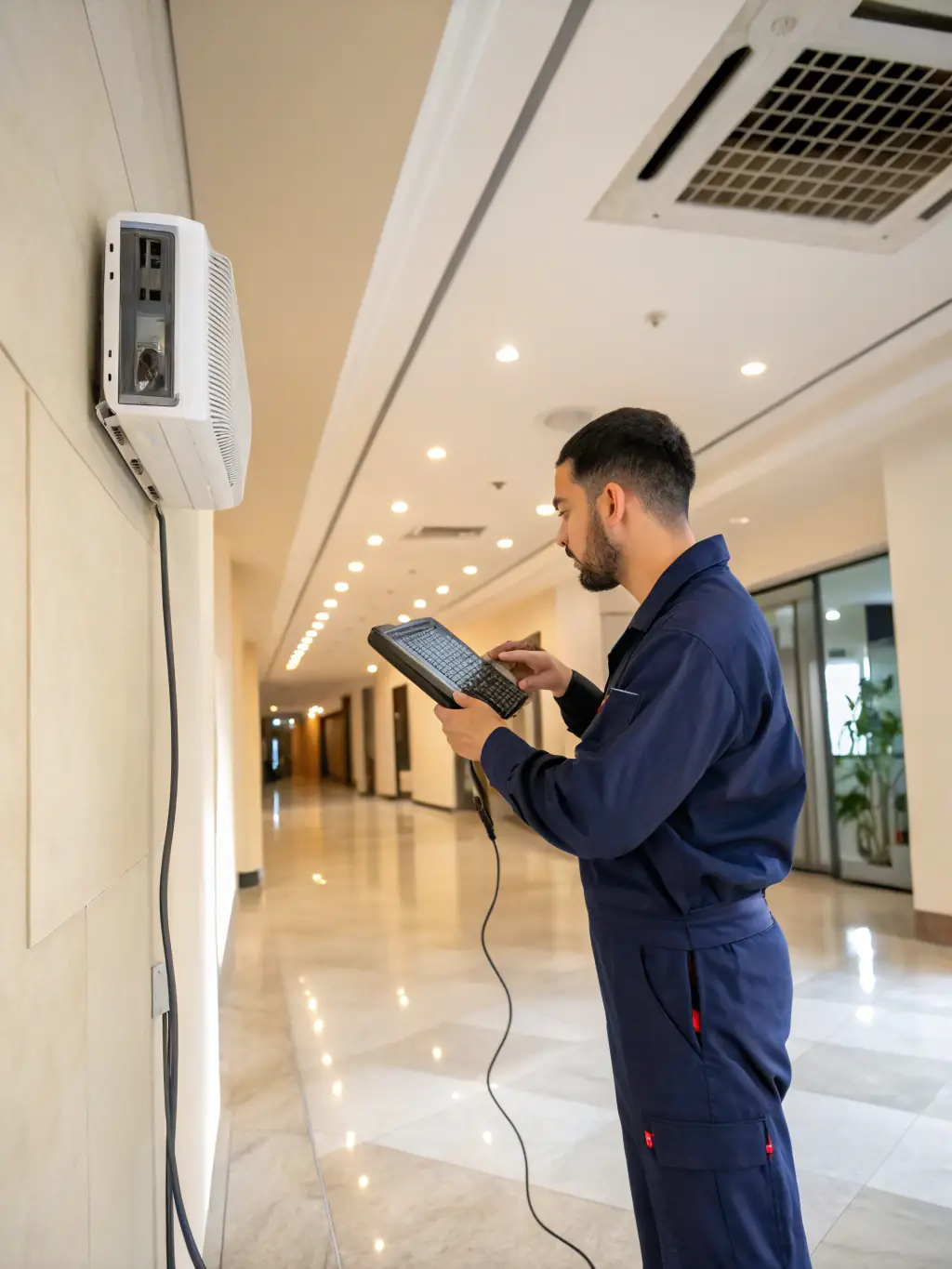 A technician performing a maintenance check on an HVAC unit, emphasizing the importance of regular upkeep.